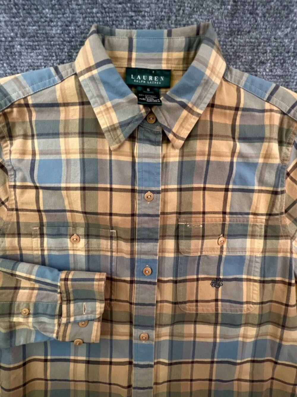 Lauren Ralph Lauren Button Up Shirt Small Women’s Cotton Plaid Tan Blue